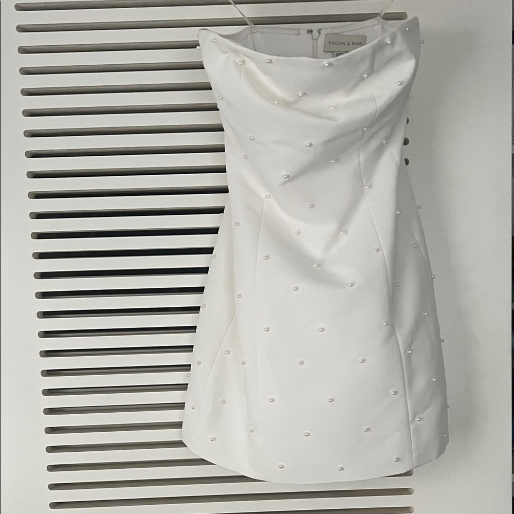 Sachin + Babi Strapless White Dress with Pearl Details